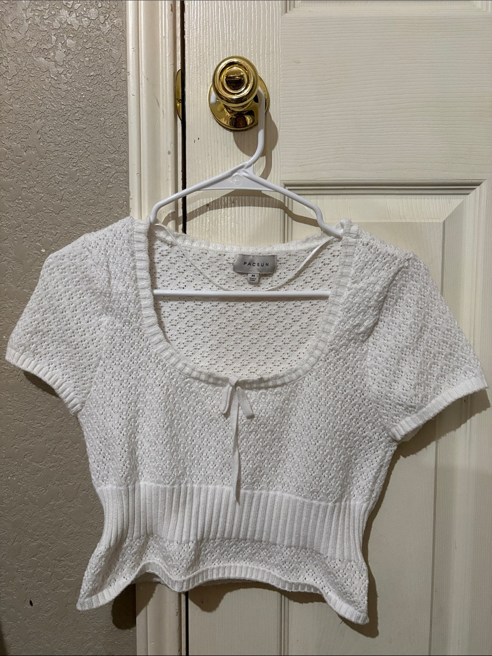 PacSun White Knit Short Sleeve Scoop Crop Top with Tie